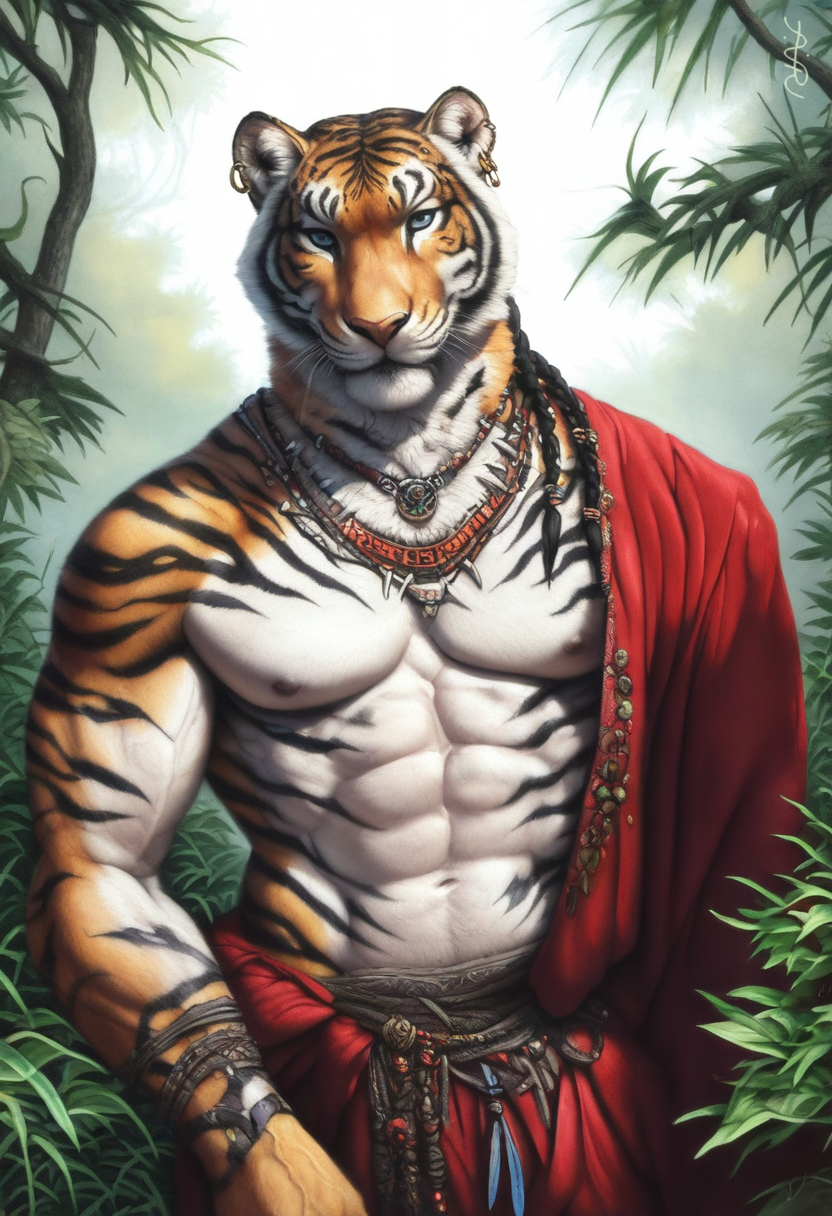 1boy 2024 abs ai_generated animal_humanoid anthro avaru biceps felid feline furry humanoid male male_focus male_only mammal mammal_humanoid multicolored_body multicolored_fur muscular muscular_male nature nature_background navel nipples pink_nose primal_wilds solo tiger tiger_stripes tribal tribal_clothing tuft tufted_fur veiny_biceps veiny_hands veiny_muscles white_fur