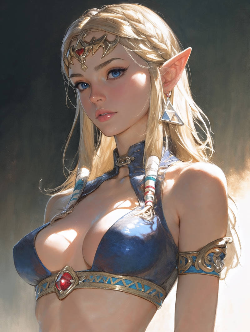 1girls ai_generated bikini_top blonde_hair blue_eyes elf female jewelry noeskape princess_zelda triforce_earrings