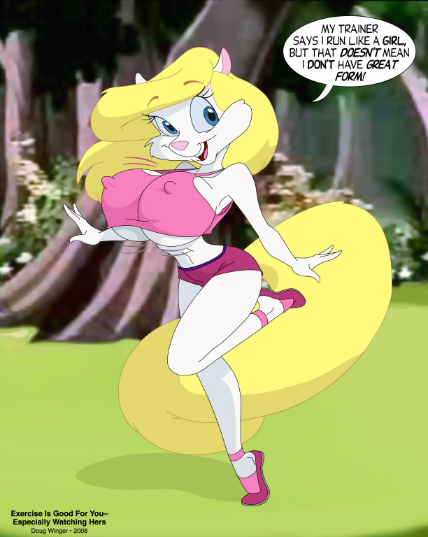 2008 animaniacs anthro athletic_wear big_breasts blonde_hair blue_eyes bottomwear bouncing_breasts breasts clothed clothing doug_winger exercise exercise_clothing female forest forest_background fur gym_bottomwear gym_shorts hair hotpants mammal midriff minerva_mink mink mustelid musteline nature nature_background nipple_outline partially_clothed plant rodent running shorts smile solo tail tree true_musteline warner_brothers white_body white_fur yellow_tail