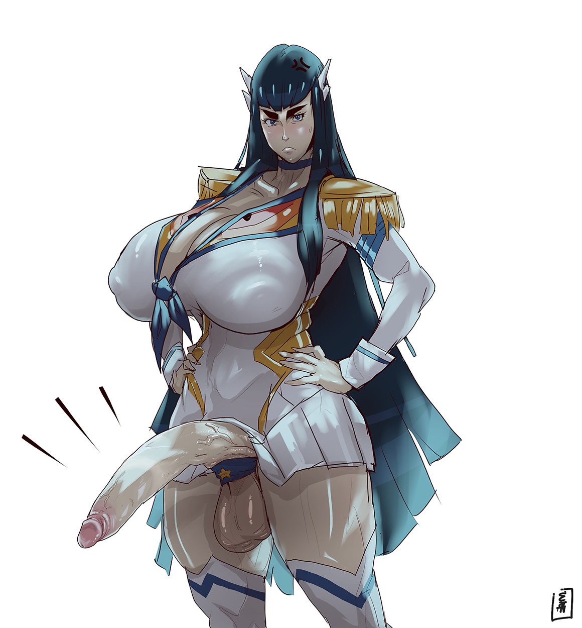 1futa, 2018, angry, ass, balls, black hair, blue eyes, breasts, choker, cleavage, clothing, curvy, dickgirl, eraanthe, erection under skirt, futa only, futanari, half-erect, hi res, highres, huge ass, huge balls, huge breasts, huge cock, intersex, junketsu, kill la kill, kiryuuin satsuki, penis, penis in panties, penis out, penis under clothes, penis under skirt, pinup, pose, puffy nipples, skirt, skirt lift, solo, solo futa, thick eyebrows, thick penis, thick thighs, thighhighs, thighs, voluptuous, white background