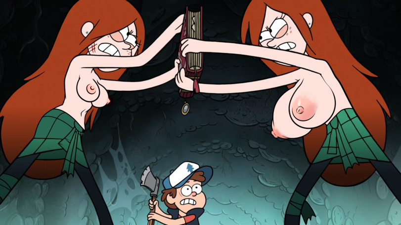 1boy, 2girls, accurate art style, angry, axe, book, breasts, brown hair, cave, clone, clothing, dipper pines, disney, disney channel, disney xd, edit, female, flannel, freckles, gravity falls, hat, large breasts, long hair, looking at another, looking up, male, medium breasts, nipples, orange hair, public topless, red hair, redhead, scratch marks, shirtless, smooth skin, standing, tagme, topless, wendy corduroy, white female