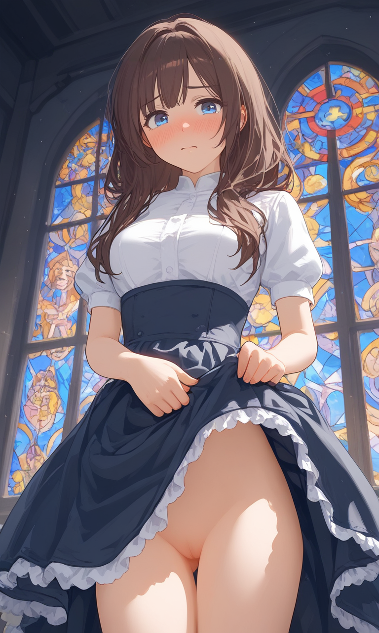 ai_generated ass blue blue_eyes brown_hair church dress dress_lift female formal formal_wear good_girl innocent no_panties original_character skirt_lift