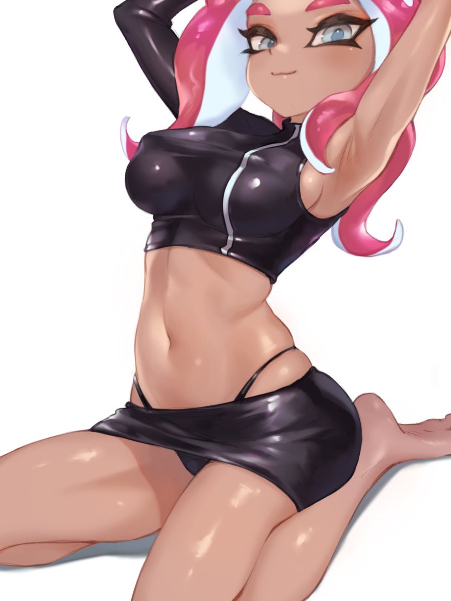 1girls, agent 8 (octo expansion), agent 8 (splatoon), armpits, arms up, black skort, blue eyes, breasts, covered nipples, dark skin, dark-skinned female, erect nipples, female, female only, highleg, highleg panties, jtveemo, kneeling, looking at viewer, navel, nintendo, nipples, octoling, octoling girl, panties, pantyshot, pink hair, seiza, sideboob, simple background, skirt, smile, solo, splatoon, splatoon (series), splatoon 2, splatoon 2: octo expansion, tentacle hair, thighs, thong, underwear, white background