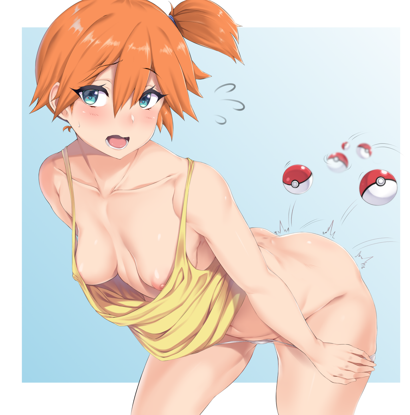 1girls, areolae, breasts, female, female only, human, human only, kasumi (pokemon), looking at viewer, misty (pokemon), moisture (chichi), nintendo, nipples, pokemon, pokemon rgby, small breasts, solo