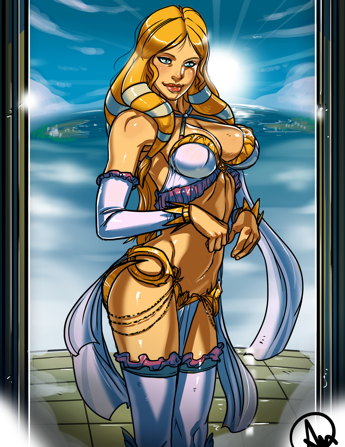 aphrodite, aphrodite (smite), blonde hair, blue eyes, breasts, female, female only, ganassa, greek mythology, smite