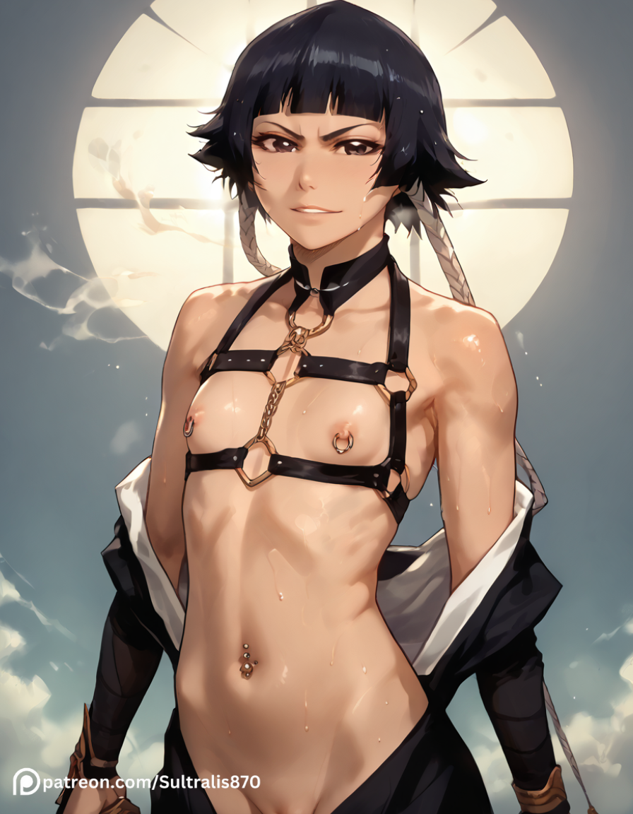 abs ai_generated black_hair bleach bleach:_the_thousand-year_blood_war blowjob bondage bondage_harness bondage_outfit flat_chest muscles nipples penis seductive slutty_outfit small_breasts soifon sultralis sultralis870 toned_female