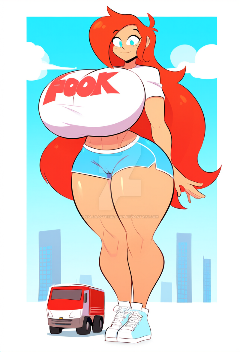 ai_generated blue_shorts car huge_breasts hyper_breasts long_hair macro red_hair valgaavthedragon van white_t-shirt