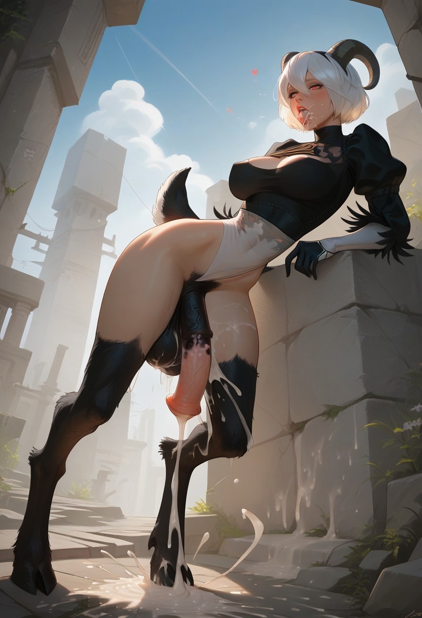 1futa ai_generated clothing cum cum_on_body cumming dalan063 futanari goat hooves horsecock nier:_automata satyr transformation yorha_2b