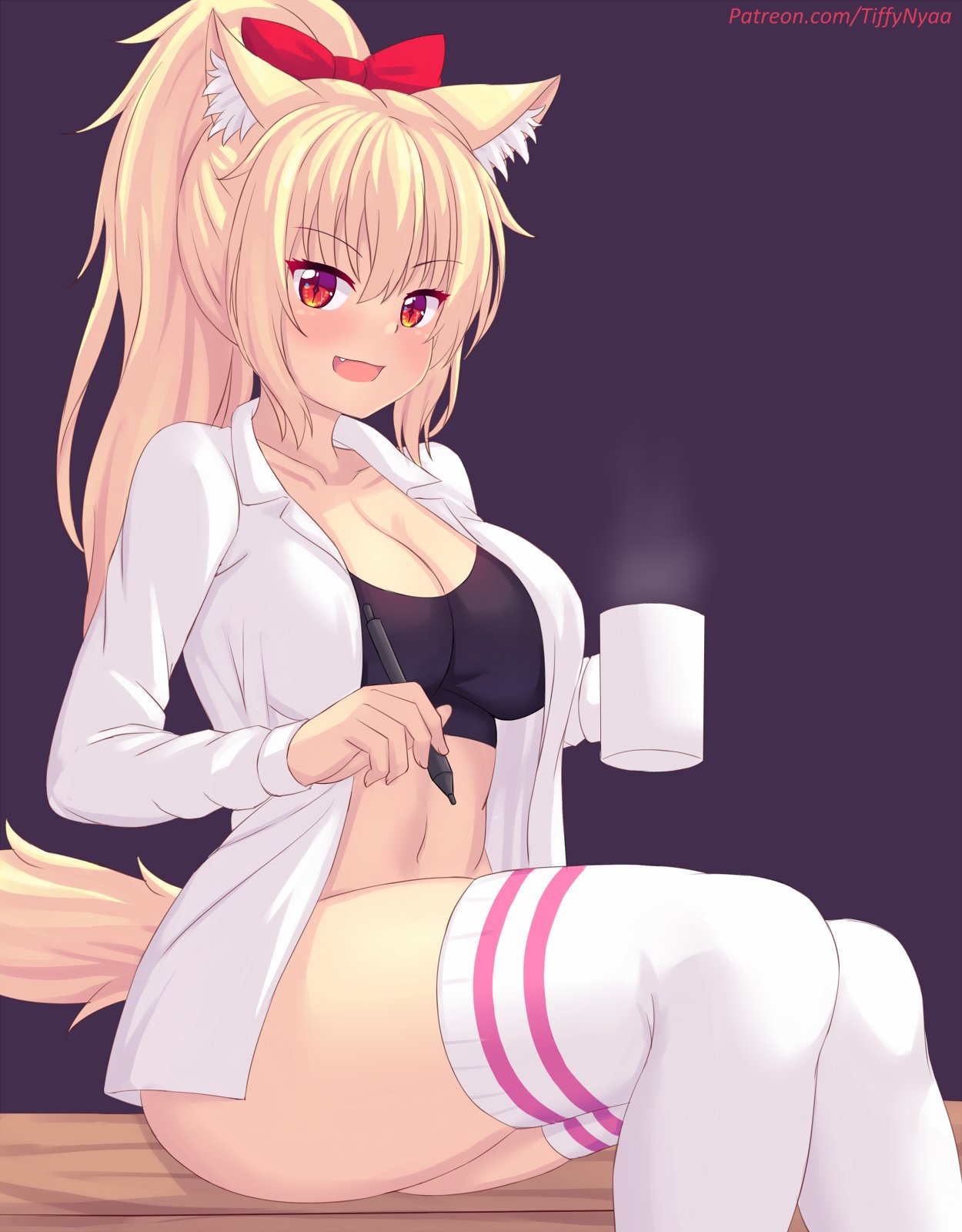 black_bra bra breasts cat_ears catgirl coffee_mug open_shirt pen tagme tail thighhighs thighs tiffy tiffynyaa