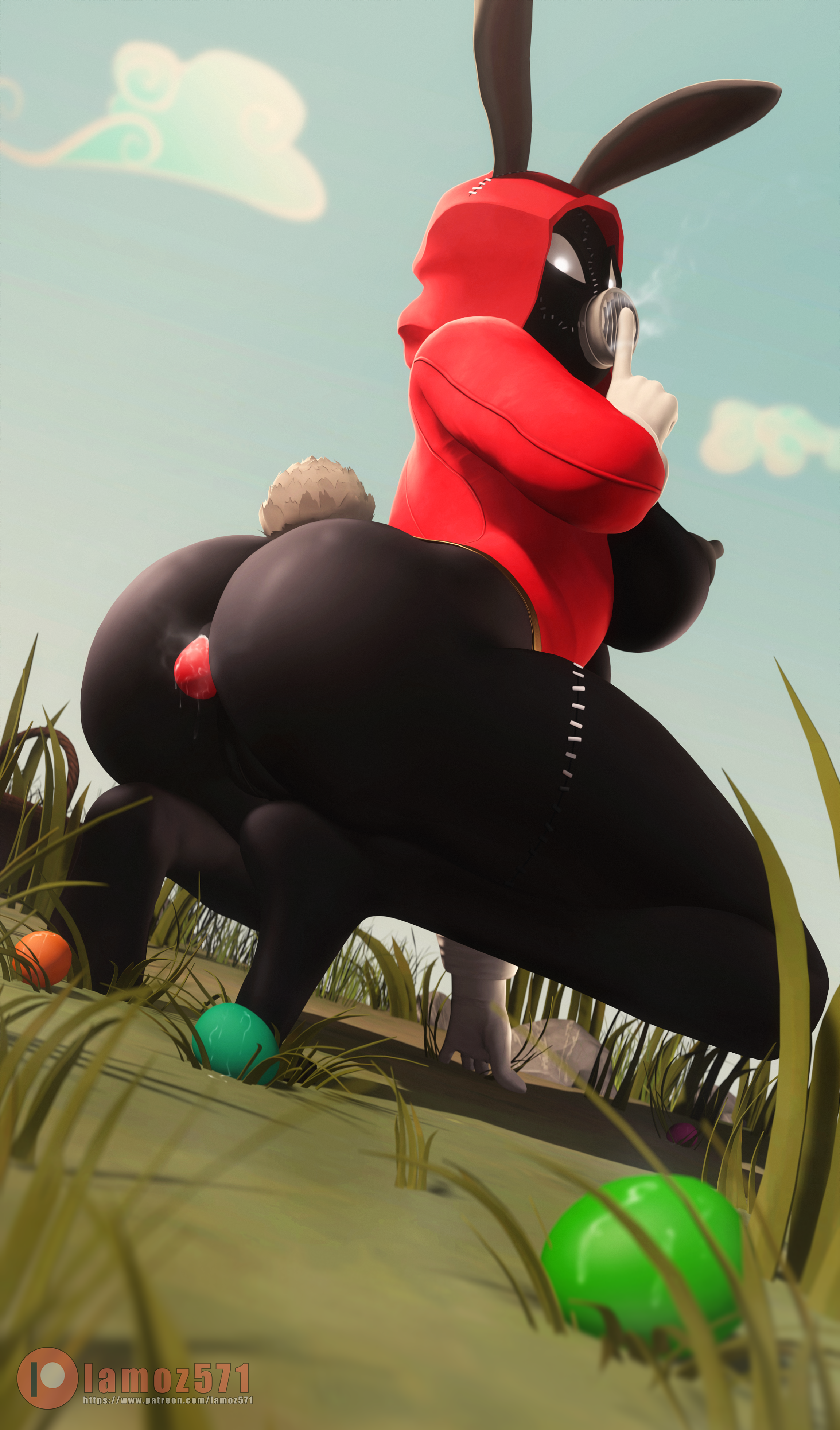 1girls, anal, ass, bodily fluids, bottomless, breasts, bunny ears, bunny tail, crouching, easter egg, egg in ass, egg laying, female, hi res, huge ass, huge breasts, lamoz571, latex, looking at viewer, looking back, mask, meh-chan (lamoz571), pussy, solo