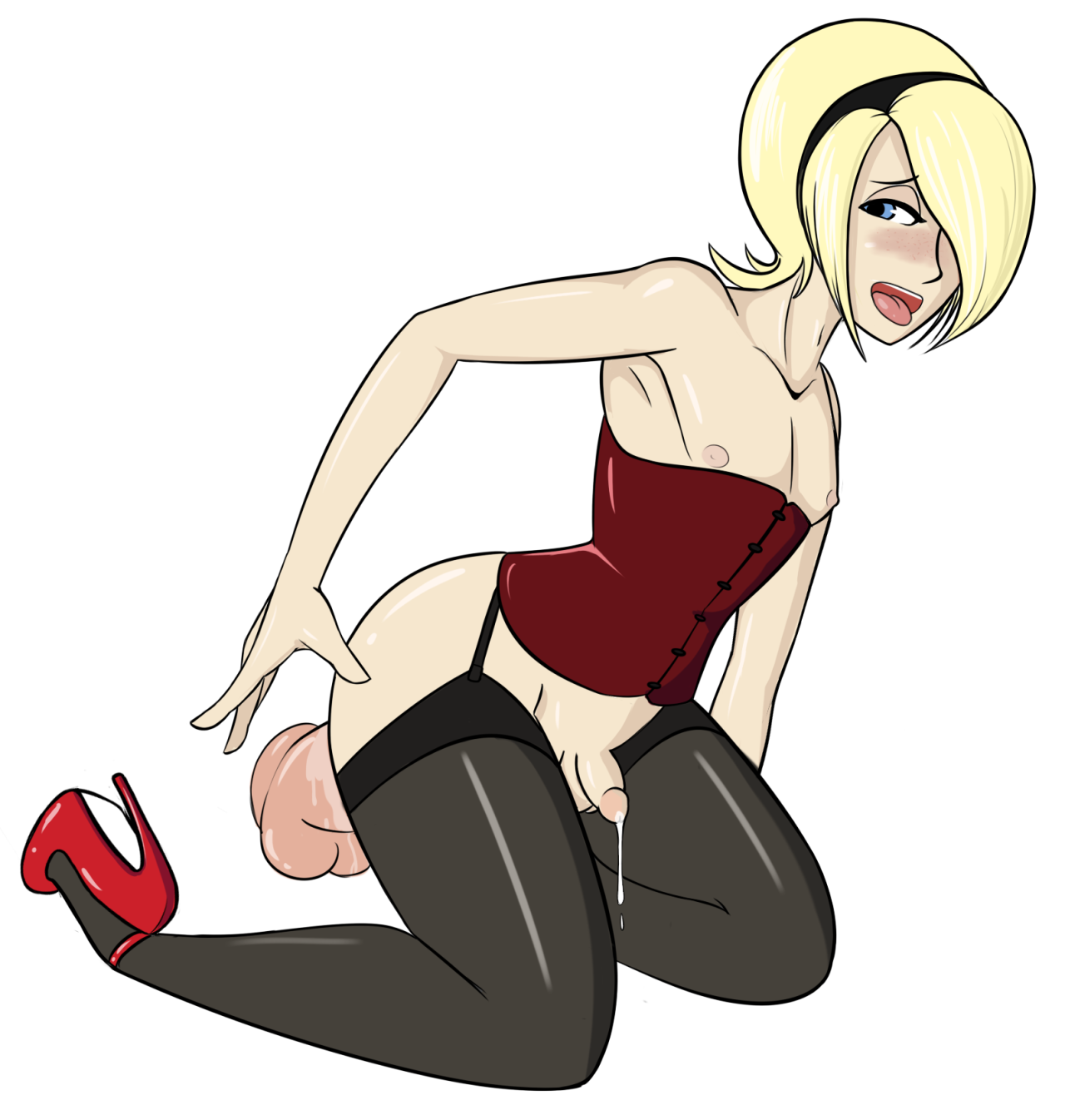 1boy, anal, anal juice, androgynous, ash crimson, balls, black stockings, black thighhighs, blonde, blonde hair, blue eyes, blush, blushing, corset, crossdressing, cum, cum drip, cumming, dildo, dripping cum, ejaculation, ejaculation while penetrated, eyelashes, femboy, femboy only, flaccid, girly, hair over eye, hair over one eye, high heels, highres, king of fighters, kneeling, looking back, looking pleasured, male, open mouth, penis, pleasure face, sealguy, sex toy, short hair, sissy, small penis, solo, stockings, testicles, thick thighs, thighhighs, tongue, tongue out, trap, video game, video games, white background