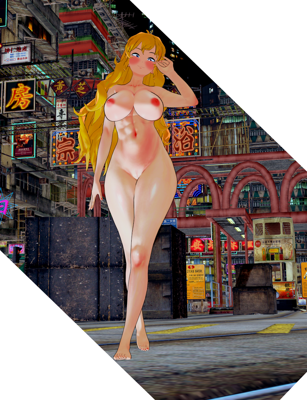 3d abs blonde_hair breasts casual effineffer exhibitionism female full_body human looking_at_viewer night pale_skin public public_exposure public_nudity pussy rwby yang_xiao_long