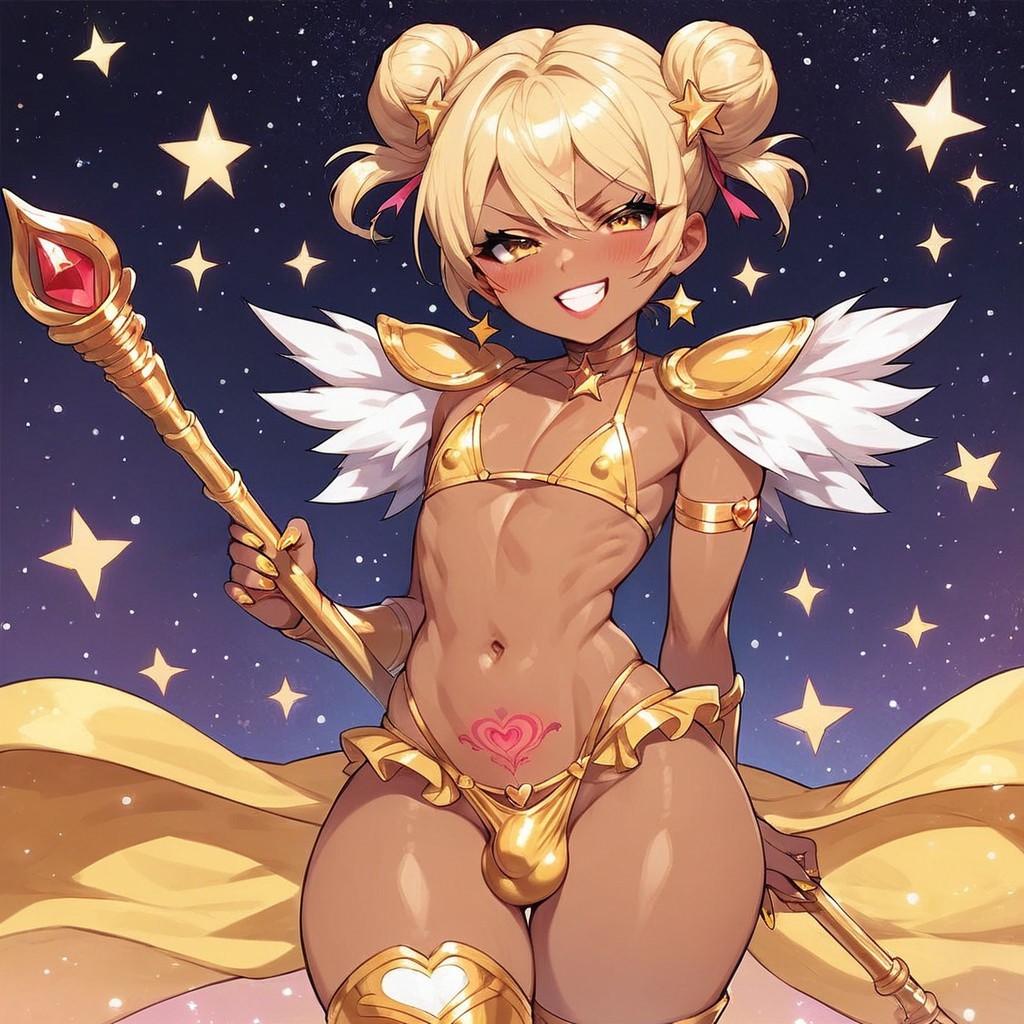 ai_generated civitai cute dark_skin double_bun femboy gyaru magical_girl micro_bikini petite pubic_tattoo smug_face sustaco