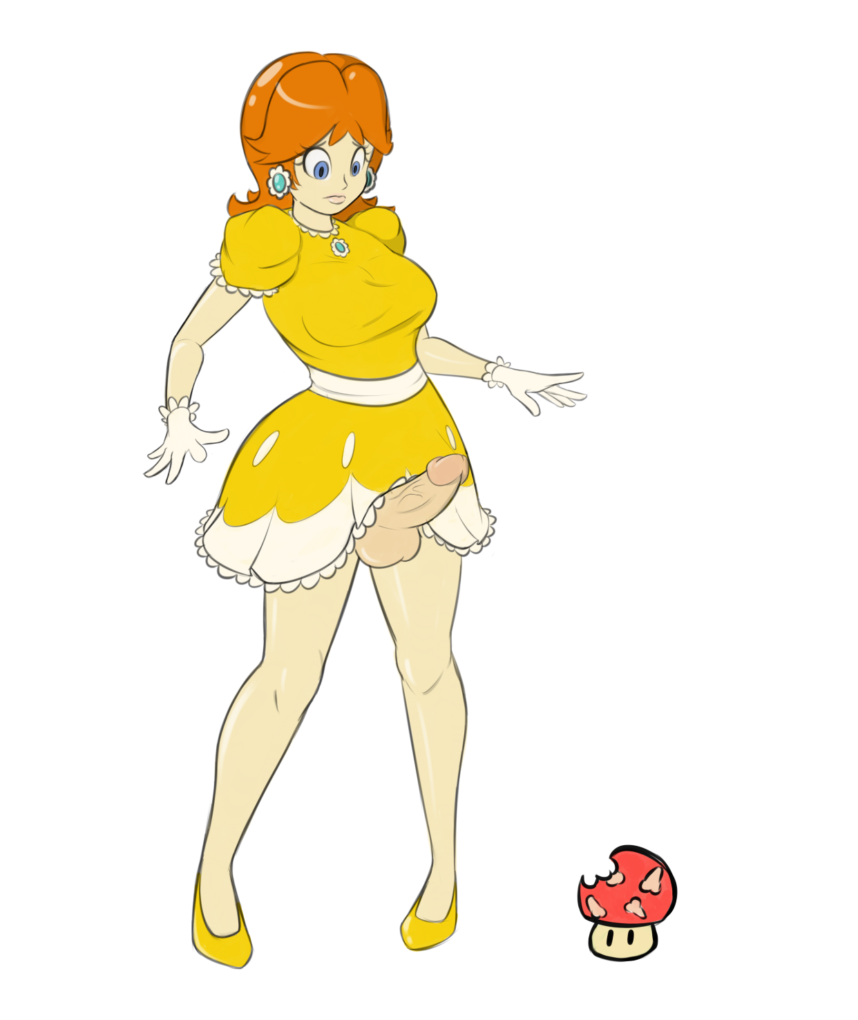 1futa, 1girls, balls, big breasts, blue eyes, breasts, busty, clothing, dickgirl, dress, earrings, erection, erection under clothes, eyelashes, female, full body, full-package futa, futa only, futanari, ginger, ginger hair, highres, intersex, mario (series), mario tennis, mushroom, penis, penis under clothes, princess daisy, red hair, sealguy, simple background, solo, standing, testicles, vein, veiny penis, video game, video games, voluptuous