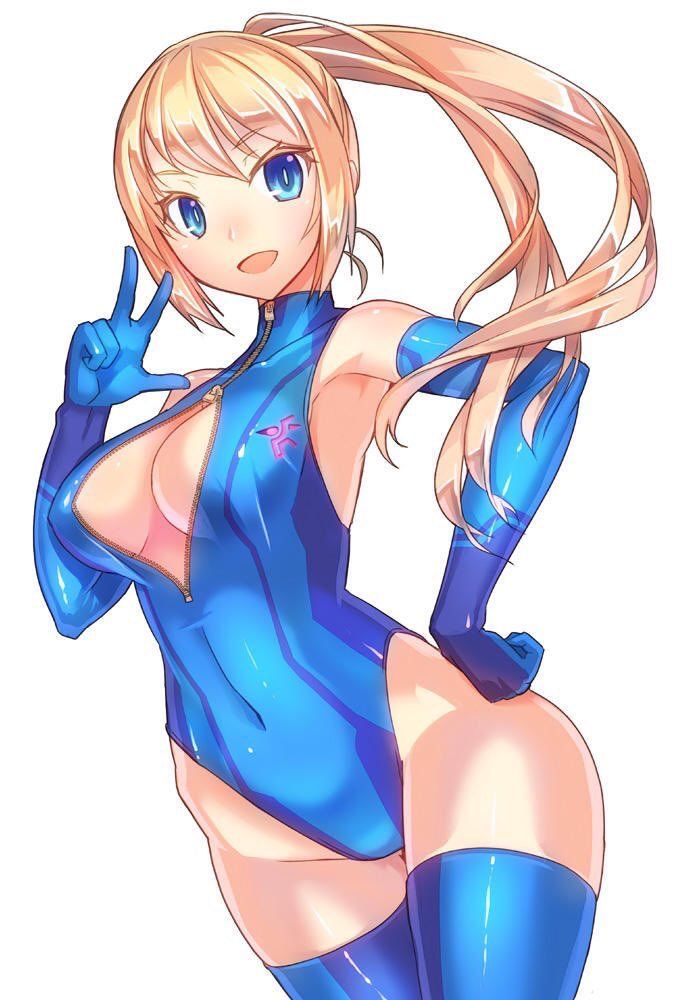 armpits, blonde hair, blue eyes, cleavage, covered navel, female, hand on hip, looking at viewer, metroid, nintendo, ponytail, samus aran, sidelocks, thick thighs, zero suit samus