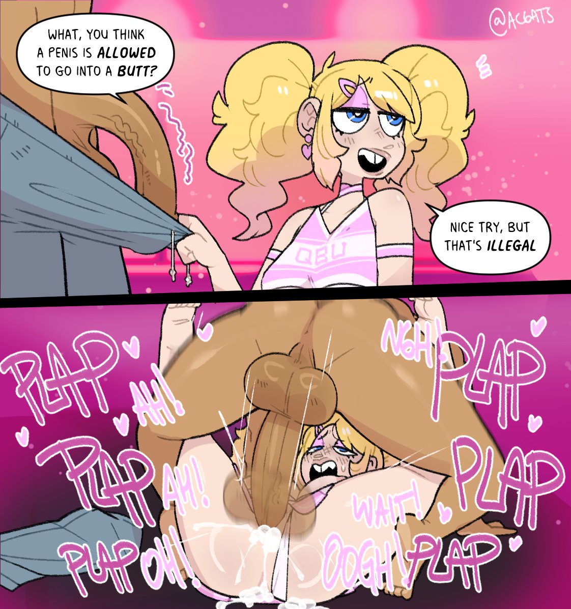 anal bedroom_eyes big_breasts blonde_hair buckteeth cheerleader comic dialogue gats instant_loss_2koma large_breasts large_penis rape tan_body