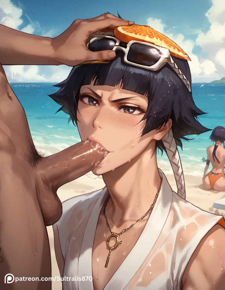 abs ai_generated beach black_cock black_hair bleach bleach:_the_thousand-year_blood_war blowjob erection fellatio muscles penis seductive slutty_outfit soifon sultralis sultralis870 sunglasses_on_head toned_female