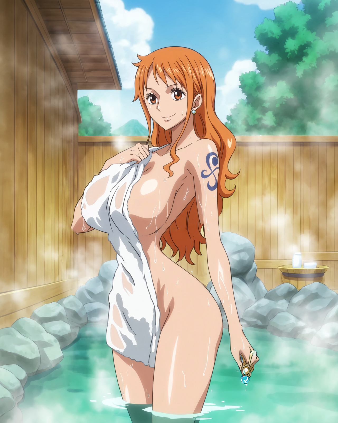 1girls, ai generated, arm tattoo, bathing, blue tattoo, female, female only, nami (one piece), one piece, onsen, orange hair, orange-haired female, stickyai, tattoo, towel, towel only, water