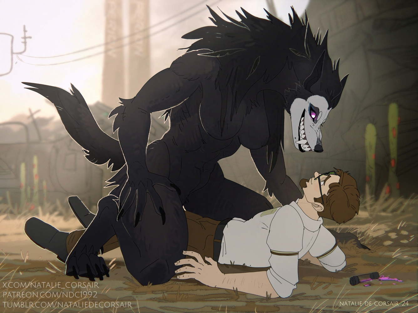 boyfriend-girlfriend, cowgirl position, female, glasses, monster girl, natalie de corsair, sharp teeth, smiling at another, werewolf, werewolf girl