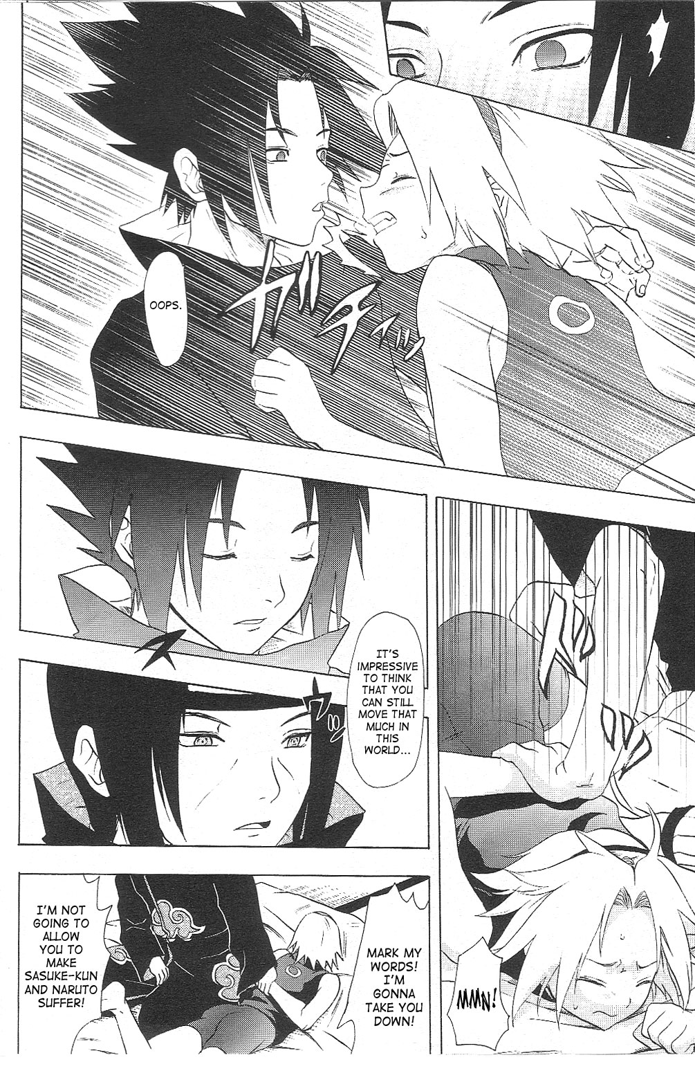 akatsuki akatsuki_(naruto) bondage comic dialogue doujinshi english_text female human koala_machine kuroageha male monochrome naruto naruto_shippuden ninja sakura_haruno sasuke_uchiha sex text uchiha_itachi