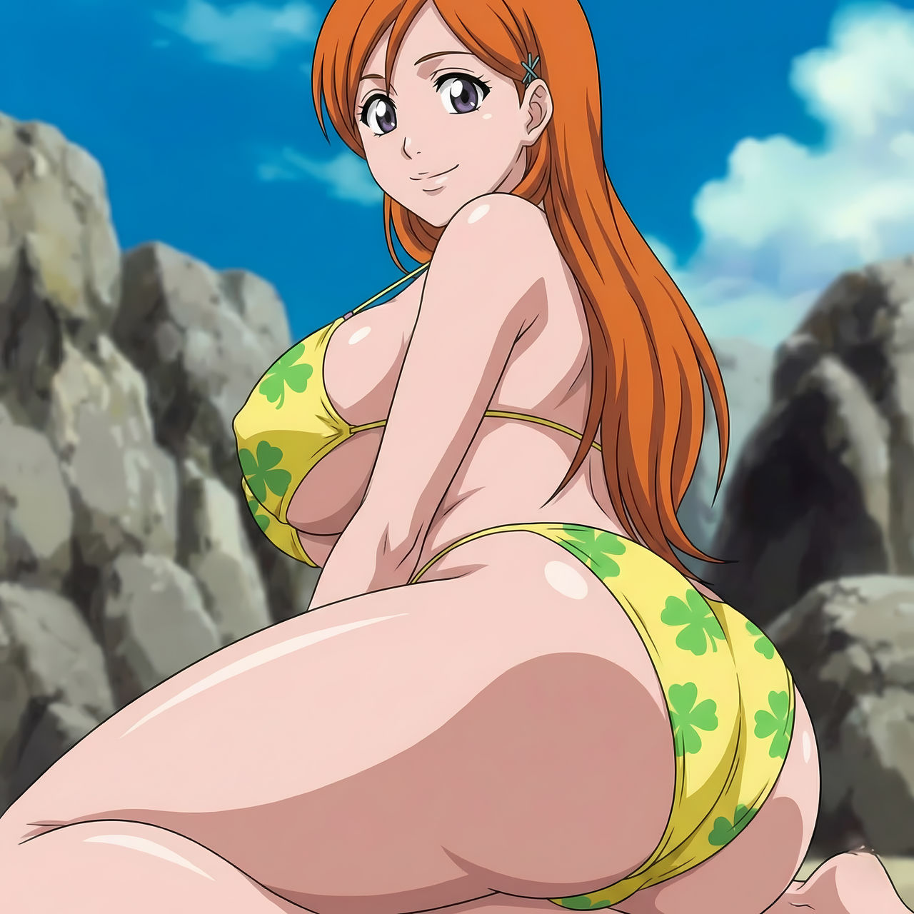 1girls, 4 leaf clover, accurate art style, ai generated, alternate costume, anime girl, ass focus, barefoot, big ass, big breasts, bikini, bikini bottom, bikini top, bleach, blue sky, breasts, busty, covered nipples, curvaceous, curvy, curvy body, curvy female, curvy figure, day, embarrassed, faithful to the anime, feet, feet out of frame, female, female focus, female only, floral print, floral print bikini, hair ornament, hairclip, high resolution, huge breasts, inoue orihime, kneeling, lewd-layers, light skin, light-skinned female, long hair, looking pleasured, official alternate costume, orange hair, outdoors, pinup, round ass, seaside, swimsuit, teen, teenage girl, teenager, thick ass, thick thighs, thighs, very long hair, voluptuous, voluptuous body, voluptuous female, voluptuous teenager, wide hips, yellow bikini
