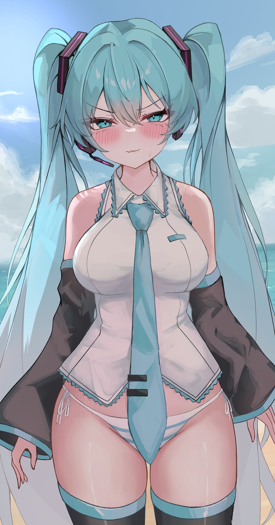 1girl, 1girls, 2d, 2d (artwork), alternate breast size, aqua eyes, aqua hair, bangs, beach, bikini, black thighhighs, blue eyes, blue hair, blue sky, blush, blushing at viewer, breasts, closed mouth, cloud, day, detached sleeves, eikawa suru, female, hatsune miku, headset, kawasuru, large breasts, light skin, light-skinned female, long hair, looking at viewer, necktie, no pants, ocean, outdoors, panties, shirt, side-tie panties, sky, solo, solo female, solo focus, striped, striped bikini, striped panties, thick thighs, thighhighs, thighs, twintails, underwear, very long hair, vocaloid
