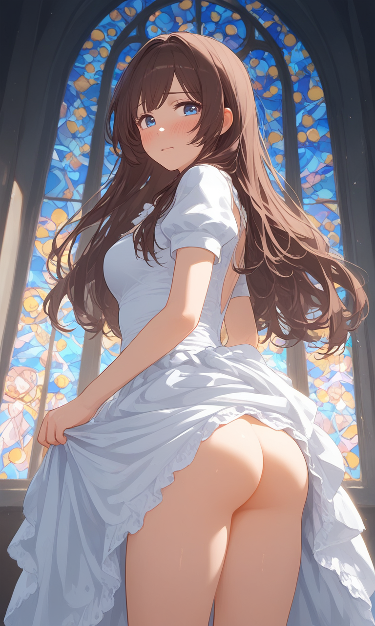 ai_generated ass blue blue_eyes brown_hair church church_interior dress dress_lift female formal formal_wear good_girl innocent legs no_panties original_character skirt_lift