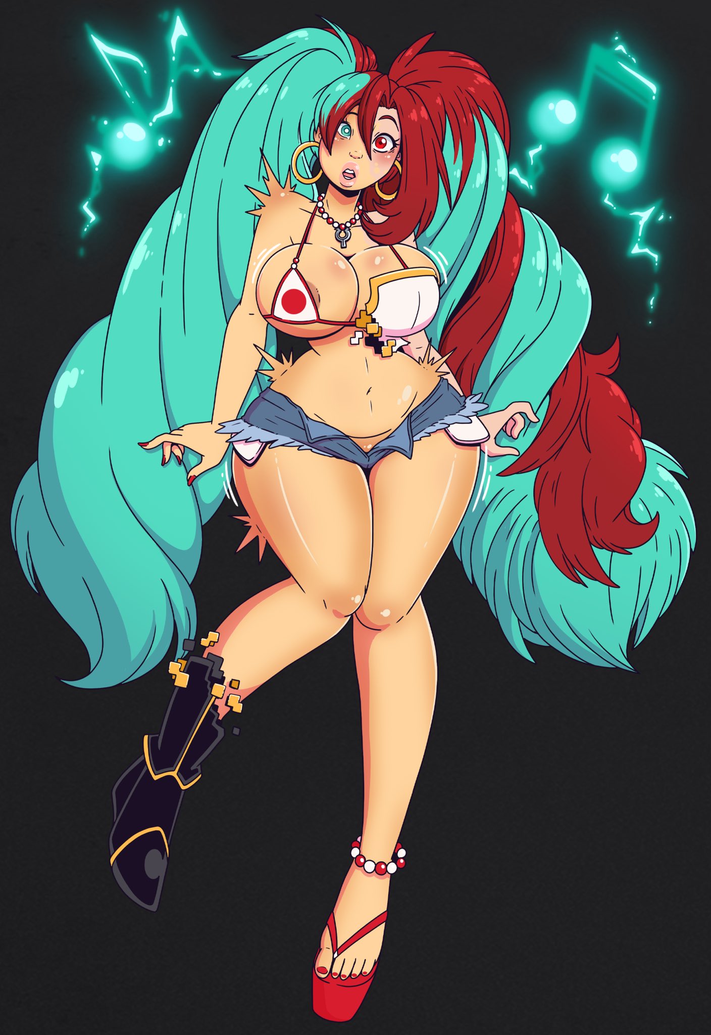 asian blue_eyes blue_hair brazilian brazilian_miku clothed fusion_character hatsune_miku hispanic japanese red_eyes red_hair sandals transformation two_tone_hair vocaloid wrenzephyr2