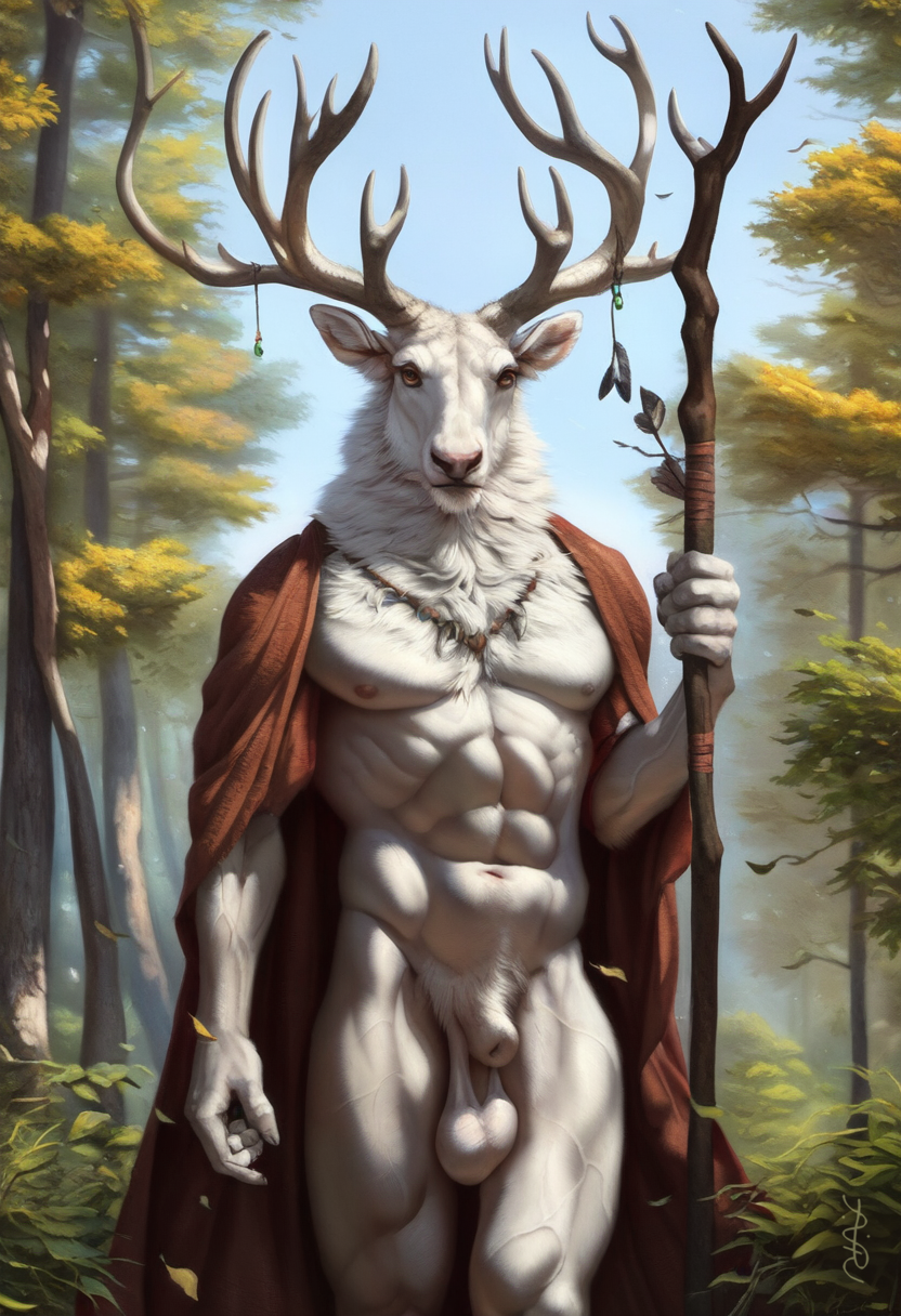 1boy 2024 ai_generated albino anthro antlers avaru cervine cervine_antlers cervine_humanoid clothing elk feathers forest fur humanoid looking_at_viewer male male_focus male_only mammal muscular muscular_male nature nature_background nipples open_robe primal_wilds robe sagging_testicles sheath solo stag tagme taur testicles tuft tufted_fur veiny_arms veiny_muscles veiny_thighs water white_body white_fur