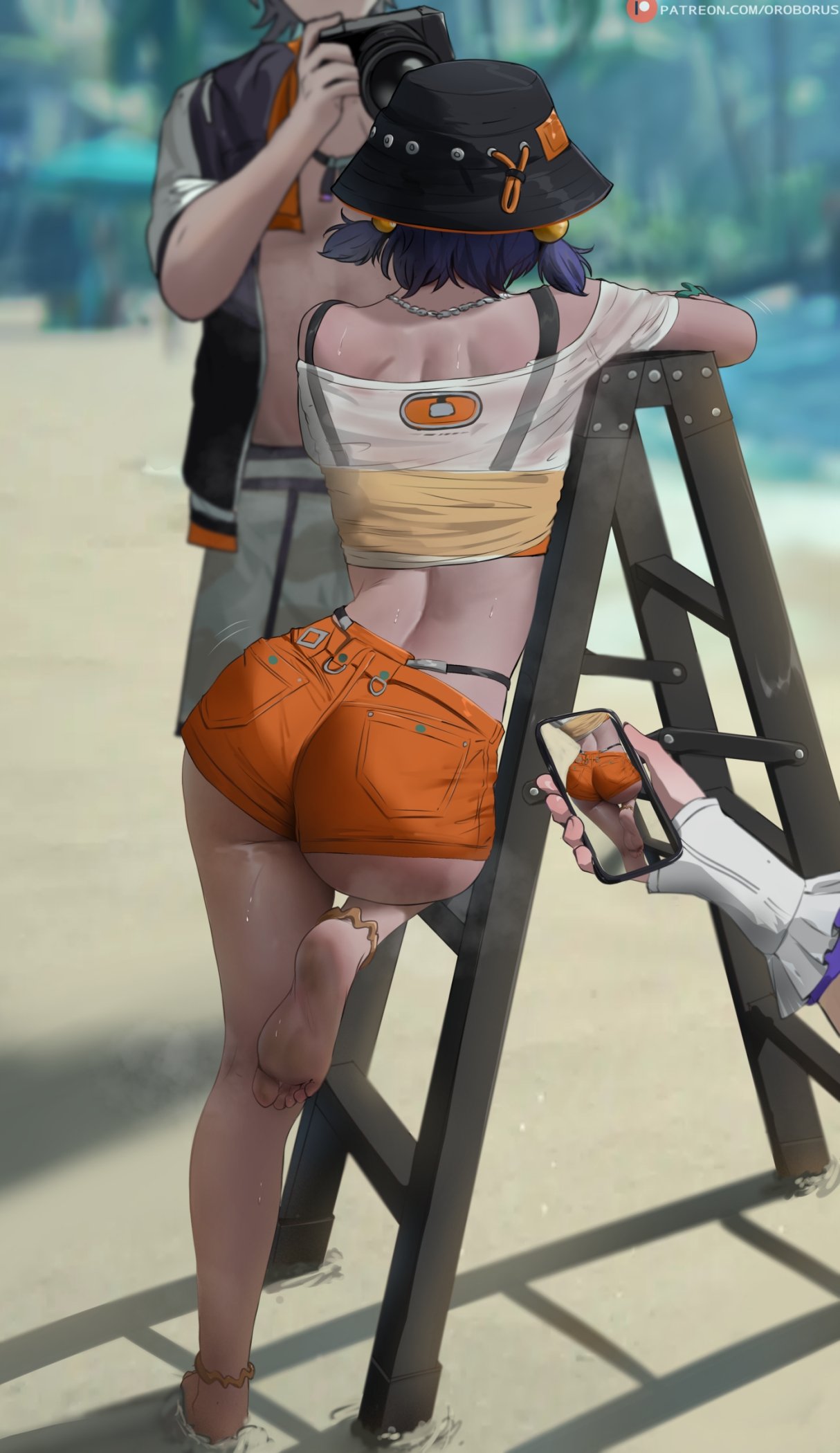 1boy, 1girls, 2girls, ass, ass focus, back view, barefoot, beach, belle (summer skies) (zenless zone zero), belle (zenless zone zero), blue hair, booty shorts, brother and sister, bubble butt, bucket hat, camera, cellphone, denim shorts, facing away, feet, female, highres, hoyoverse, male, mihoyo, oblivious sexualization, official alternate costume, oroborusart, phone, round ass, round butt, see-through, see-through clothing, short twintails, taking picture, twintails, vivian banshee, vivian banshee (iris of the shore), wise (peaceful waves) (zenless zone zero), wise (zenless zone zero), zenless zone zero