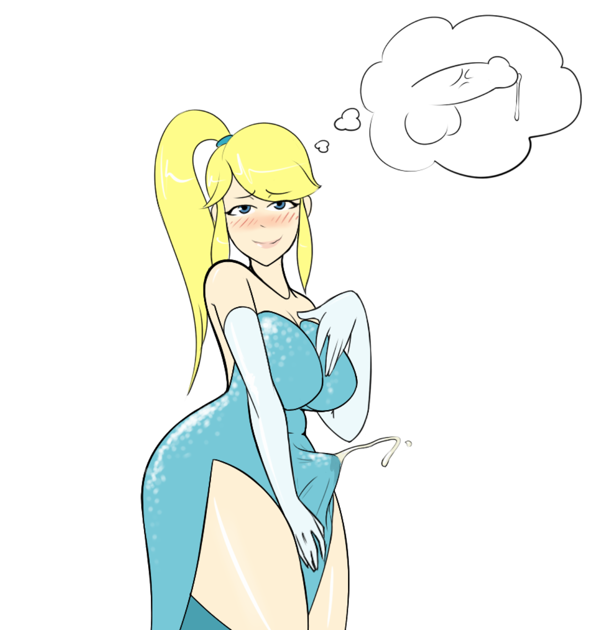 1futa, balls, blonde, blonde hair, blue dress, blue eyes, blush, blushing, breasts, bulge, cleavage, comedy, cum, cum through clothes, cum under clothes, cumming, cumshot, dickgirl, dress, ejaculation, elbow gloves, erection, erection under clothes, erection under skirt, eyelashes, funny, futa only, futanari, hands-free, handsfree ejaculation, highres, huge breasts, intersex, lips, looking at viewer, looking pleasured, metroid, nintendo, orgasm without stimulation, penis, penis under clothes, penis under skirt, pleasure face, ponytail, premature ejaculation, samus aran, sealguy, skirt, smile, smiling, solo, spontaneous ejaculation, spontaneous orgasm, tenting, thick thighs, video game, video games, white background, white gloves, wide hips