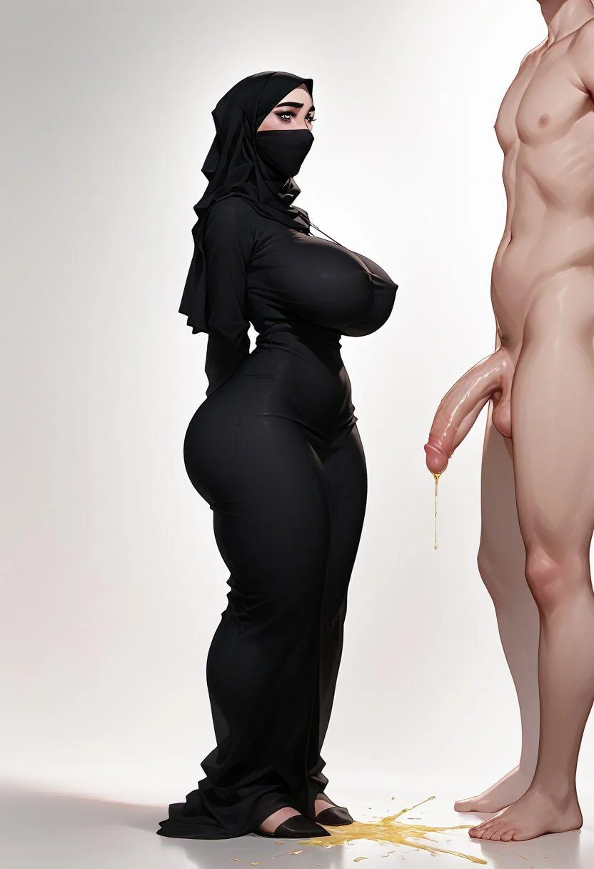 abaya ai_generated bubble_butt dark_clothing girthy_penis green_eyes hijab huge_breasts muscular_male muslim_female pee piss tagme taller_male thick_penis voluptuous_female