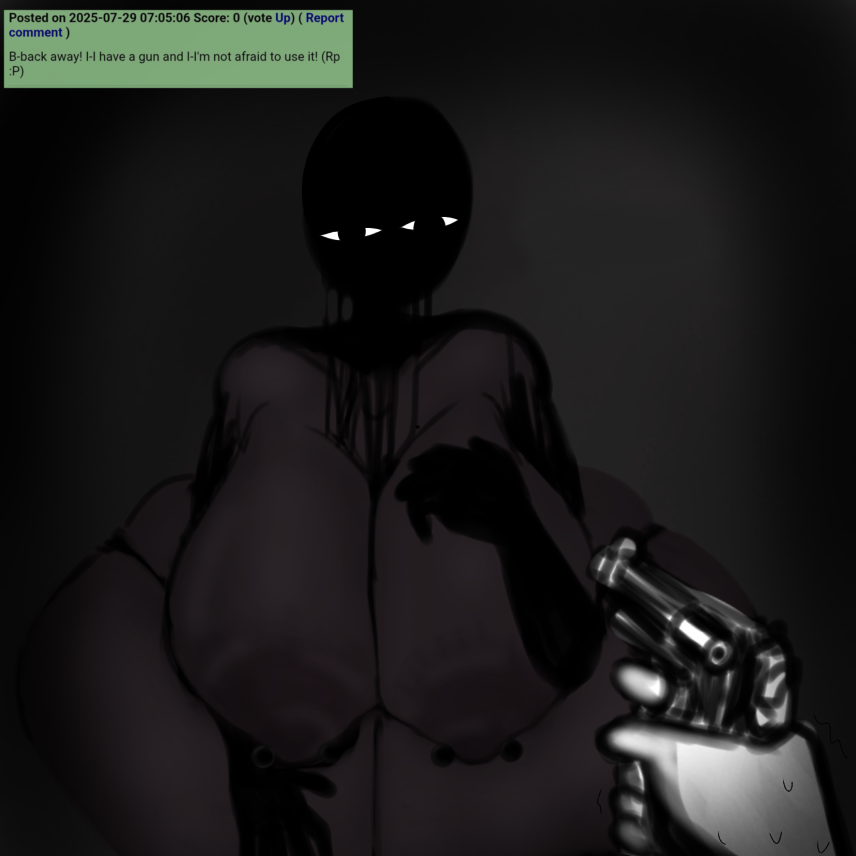 1boy, 1girls, alternate (mandela catalogue), alternate (species), anon, anonymous male, big breasts, breasts, breasts bigger than head, eden (dotolie), female, gun, holding gun, holding object, looking at viewer, male, mandela catalogue, monster girl, nightmare waifu, nipple piercing, nyaguh, sketch, solo, solo female, thick thighs