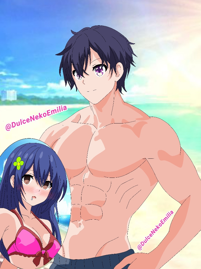 1boy 1girls 2d 2d_(artwork) abdomen beach biceps big_breasts bikini blue_hair blush breasts brown_eyes date_a_live dulcenekoemilia itsuka_shiori light-skinned_female light-skinned_male long_hair muscles muscular_arms muscular_male purple_eyes purple_hair saliva_drip sea short_hair shorts tohru_yatogami