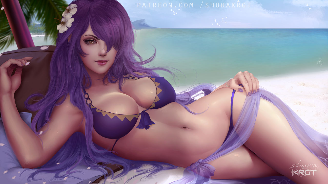 beach, bikini, breasts, camilla (fire emblem), cleavage, female, female only, fire emblem, fire emblem fates, fire emblem heroes, looking at viewer, shurakrgt, solo