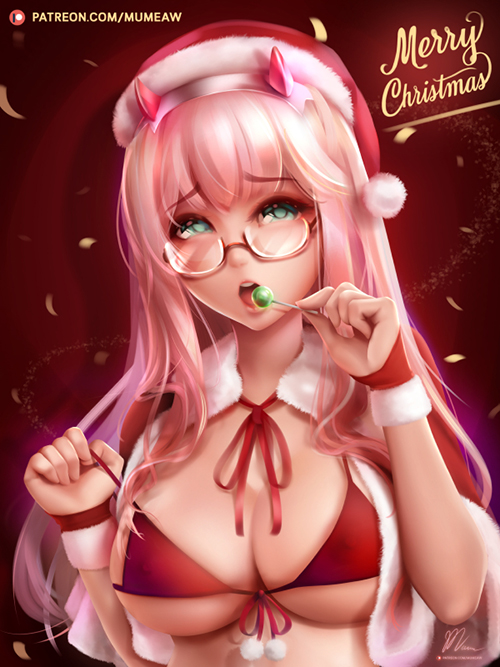 bikini blush breasts candy cape christmas christmas_outfit christmas_present darling_in_the_franxx female food glasses green_eyes hat large_breasts long_hair merry_christmas micro_bikini mumeaw nipples open_mouth pink_hair ribbon santa_costume santa_hat see-through shy signature simple_background solo swimsuit upper_body zero_two_(darling_in_the_franxx)