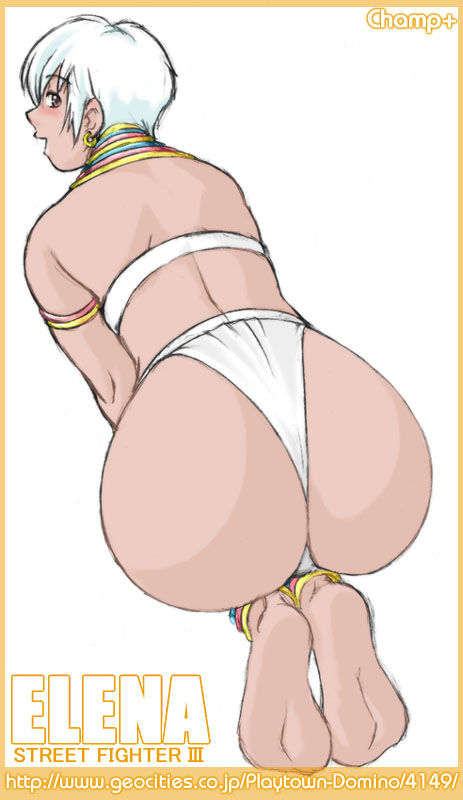 1girls, alternate skin color, anklet, ass, bikini, blushing, bracelet, brown eyes, capcom, champ+, earrings, elena (street fighter), feet, female, female only, huge ass, human, jewelry, light skin, light-skinned female, looking back, neck ring, orange border, plain background, short hair, smile, soles, solo, squatting, street fighter, text, url, watermark, white background, white hair, wide hips
