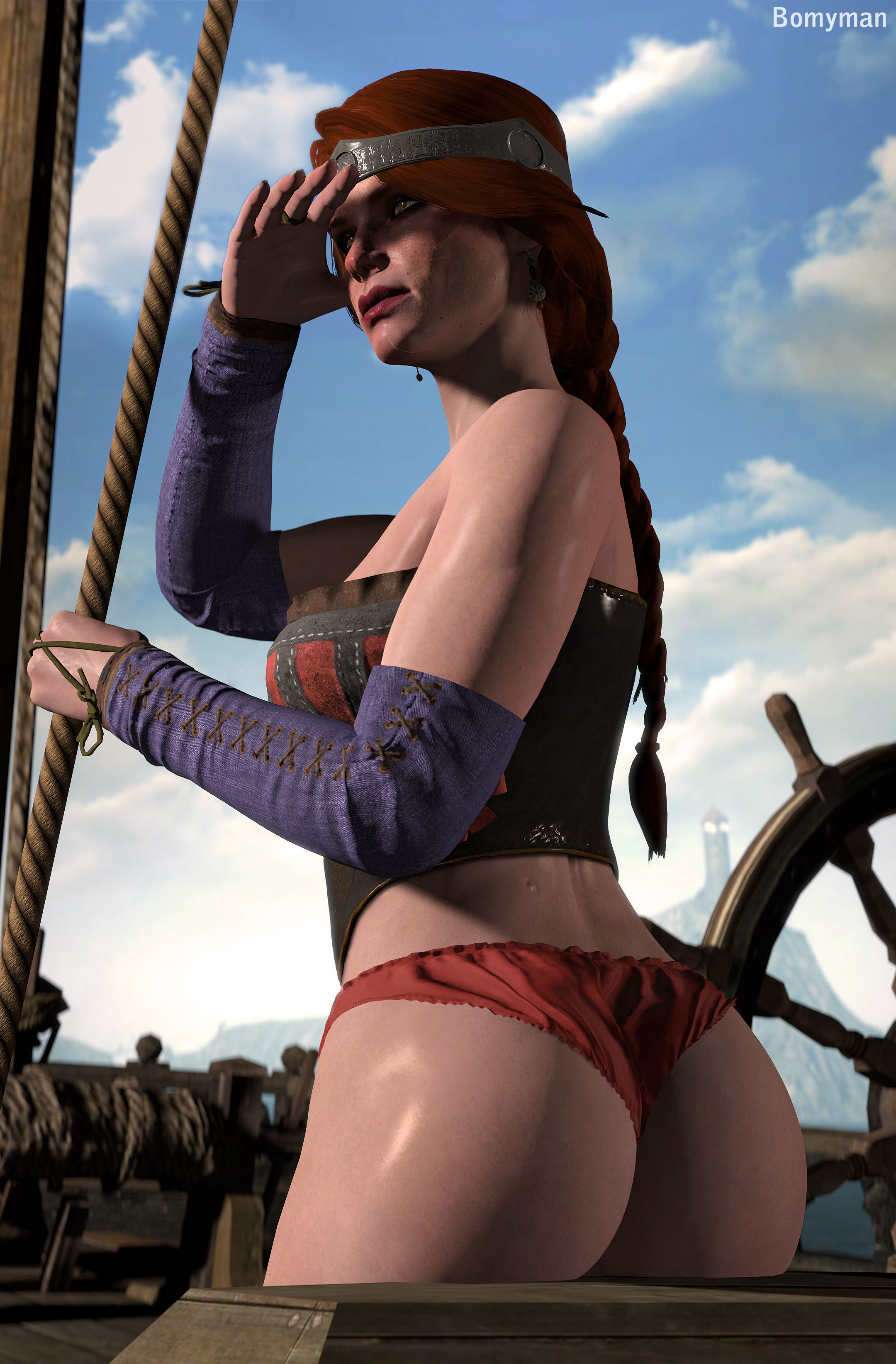 3d, ass, bomyman, cd projekt red, cerys an craite, female, female only, long hair, panties, red hair, ship, solo, source filmmaker, the witcher (series), the witcher 3: wild hunt