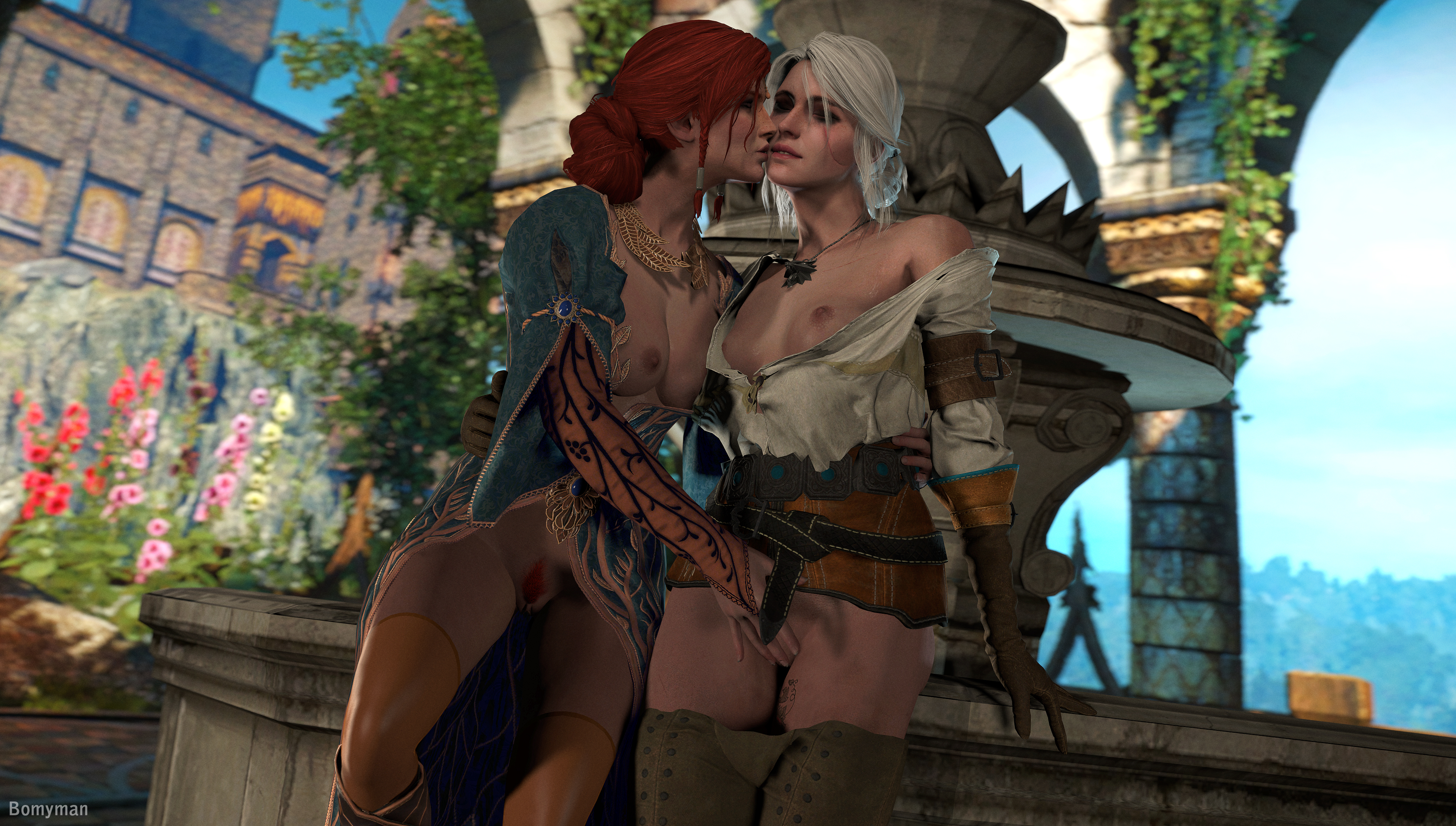 2girls, 3d, areolae, bomyman, breasts, brown gloves, cd projekt red, ciri, female, female only, gloves, kissing, nipples, pants down, partially clothed, pussy, red hair, scar, tattoo, the witcher, the witcher (series), the witcher 2, the witcher 3: wild hunt, triss merigold, vagina, white hair, yuri