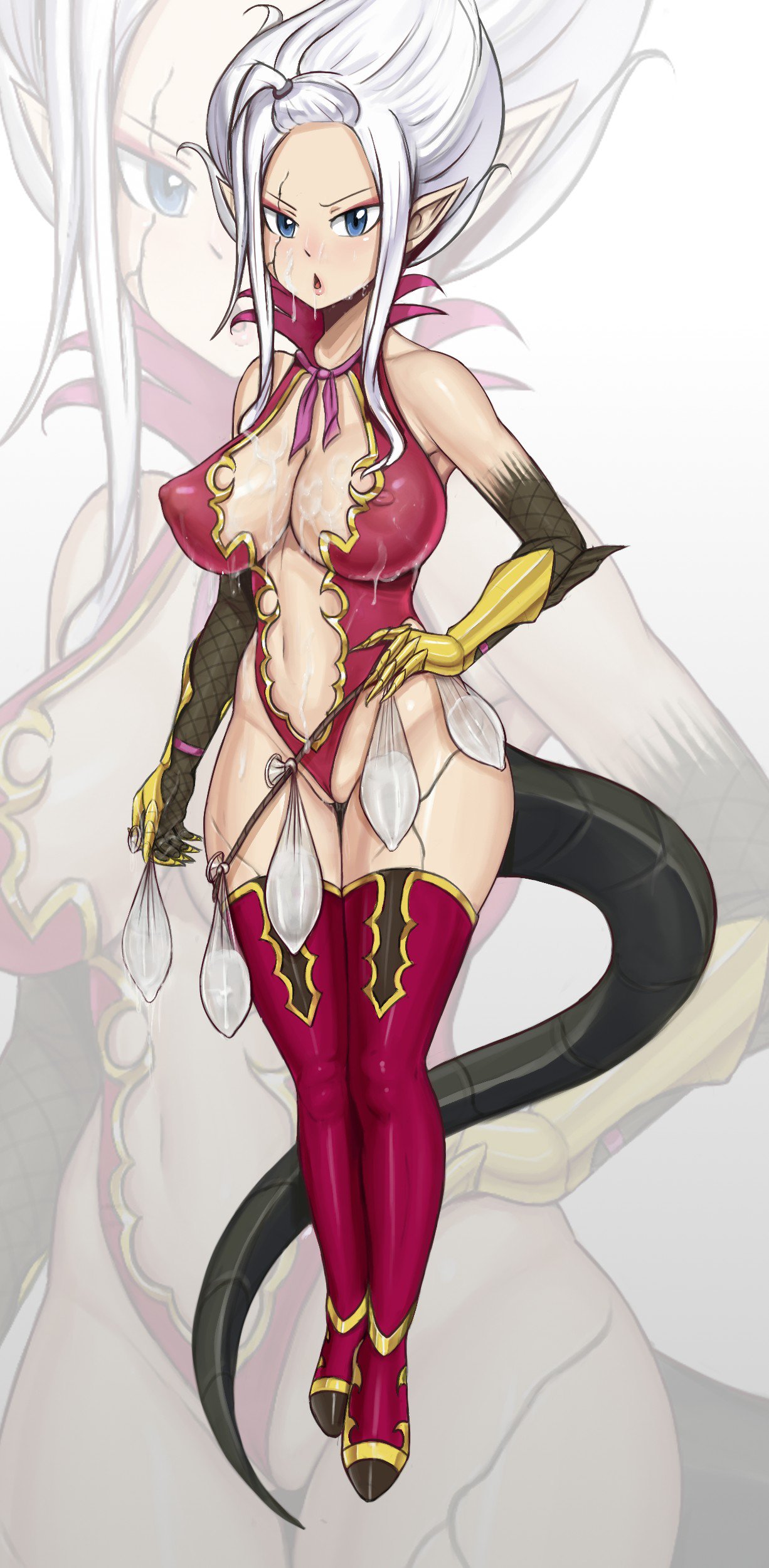 1girls, between labia, blue eyes, body markings, bodysuit, breasts, cum, cum in condom, cum on body, cum on breasts, cum on clothes, cum on face, cum on upper body, demon, demon girl, demon tail, dragon, enenra, erect nipples, erect nipples under clothes, facial, facial mark, fairy tail, female, female focus, female only, full body, innie pussy, labia, large breasts, looking at viewer, mirajane strauss, navel, nipples, pointy ears, pussy, pussy juice, standing, tied hair, used condom, white hair, white-haired female