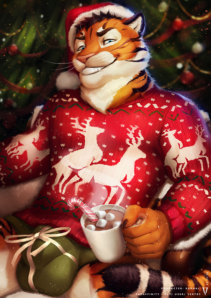 bulge candy cervine chocolate christmas christmas_tree clothing feline food hat holidays karnal male mammal muscular pantherine sweater tiger tree underwear vertry yaoi