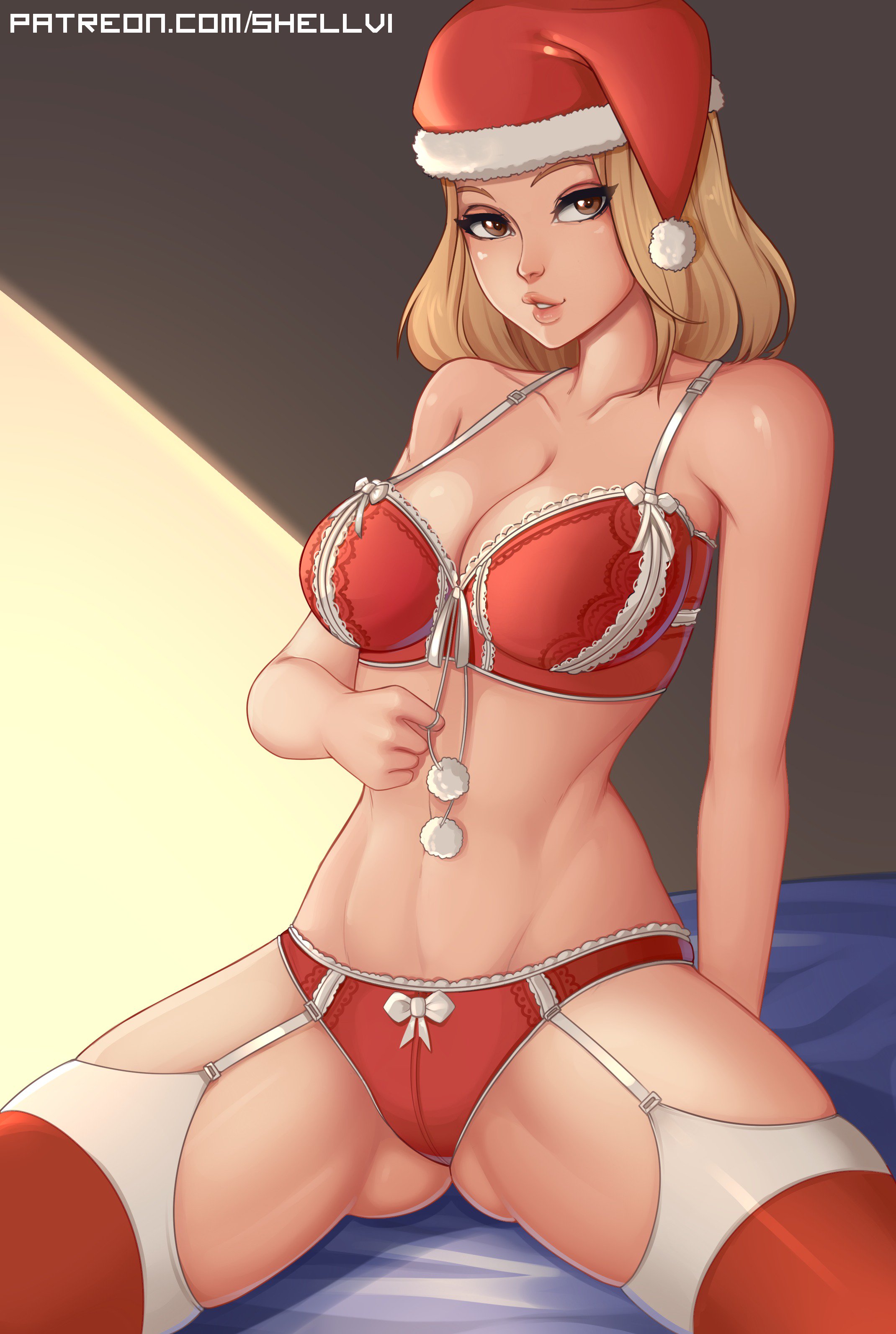 1girls, ass visible through thighs, big breasts, blonde hair, blonde-haired female, bra, breasts, camie utsushimi, female, female only, garter belt, large breasts, lingerie, looking at viewer, my hero academia, panties, santa hat, shellvi, short hair, solo, thighhighs
