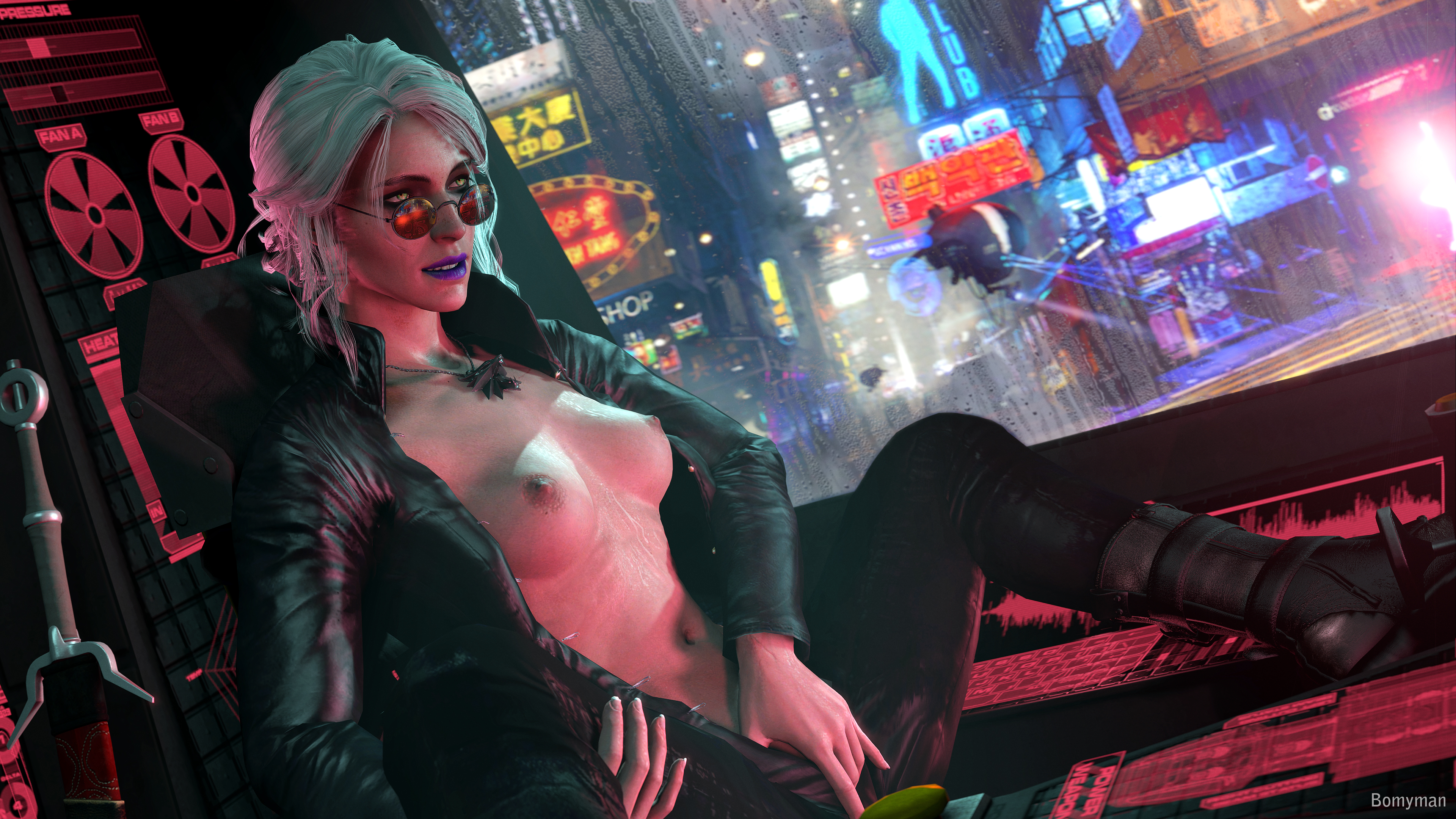 3d, areolae, bomyman, breasts, cd projekt red, ciri, cyberpunk, female, female only, glasses, latex suit, looking over eyewear, looking over glasses, nipples, red-tinted eyewear, solo, sunglasses, the witcher (series), the witcher 3: wild hunt, tinted eyewear, white hair