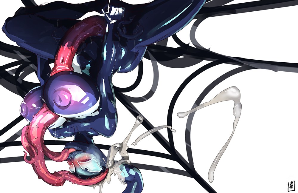 big breasts, big penis, blush, breasts, cum, cumshot, dickgirl, eraanthe, futa only, futanari, intersex, large breasts, large penis, long tongue, marvel, marvel comics, nipples, no humans, outercourse, paizuri, penis, saliva, she-venom, symbiote, tentacle, tongue, tongue out, upside-down, venom, venom (marvel), white background