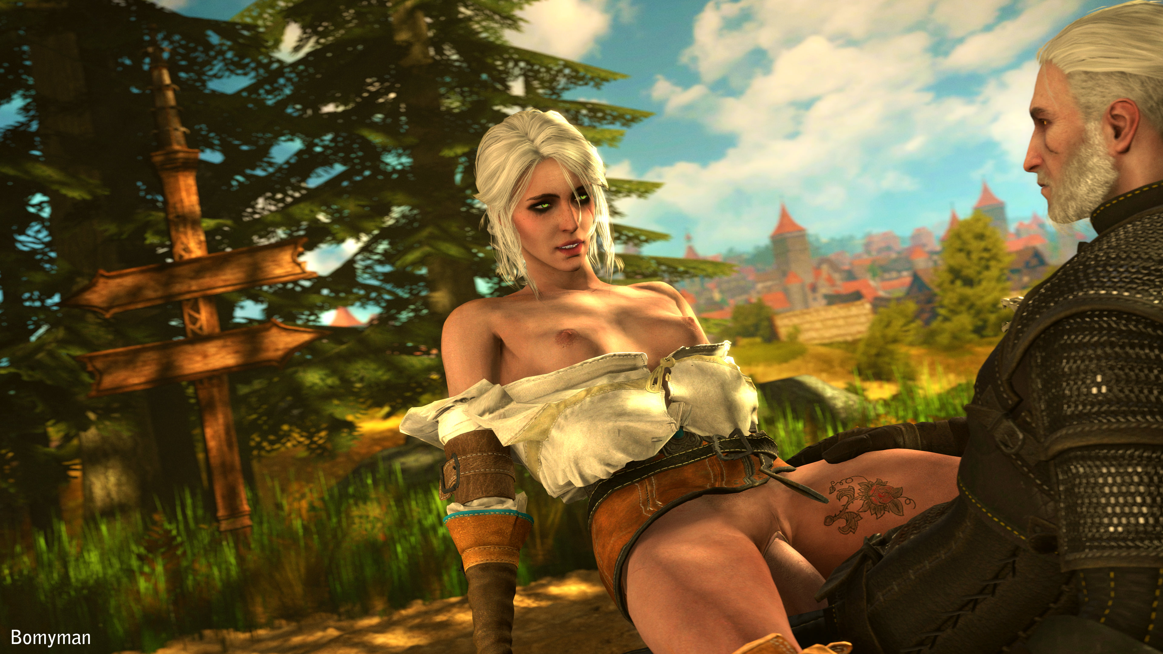 1boy, 3d, age difference, areolae, bomyman, breasts, brown gloves, cd projekt red, ciri, female, geralt of rivia, gloves, male, nipples, partially clothed, pussy, scar, tattoo, the witcher, the witcher (series), the witcher 2, the witcher 3: wild hunt, vaginal penetration, white hair