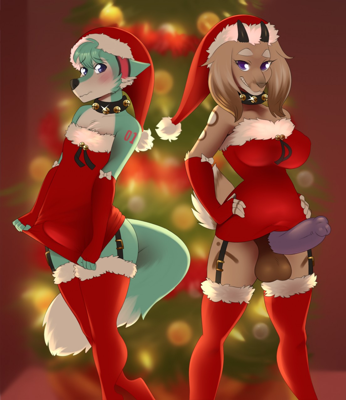 10s 1boy 1futa 2018 anthro balls bell blue_eyes blue_fur blush bottomless_skirt breasts bulge canine caprine christmas christmas_tree clothed clothing collar crossdressing curvy dipstick_tail duo embarrassed erection erection_under_clothes erection_under_skirt f-ss fox fur fur_markings futa_with_male futanari garter_belt garter_straps goat grin hat holidays huge_penis hybrid intersex large_balls large_breasts legwear male mammal markings multicolored_tail no_panties penis penis_out penis_outline penis_under_clothes penis_under_skirt purple_eyes purple_penis ribbons roflfox sally_hazel santa_hat skirt skirt_lift smile tenting thigh_highs trap tree white_fur