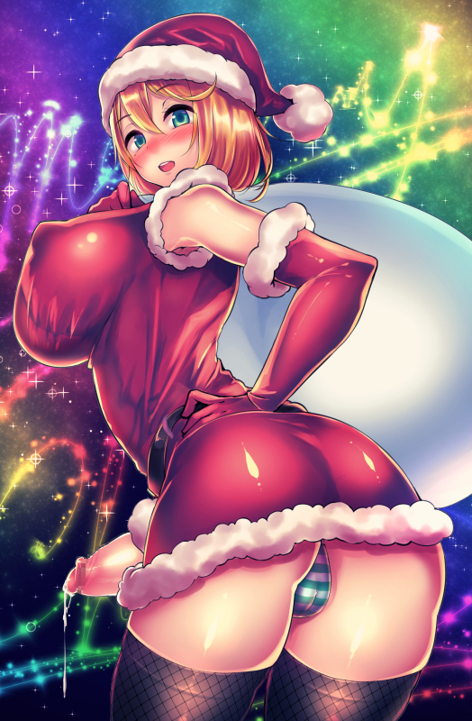 1futa, ass, bar censor, big breasts, blush, breasts, censored, cleavage, cum, dickgirl, futa only, futanari, green eyes, intersex, large breasts, looking at viewer, looking back, mosaic censoring, panties, solo, thighhighs, urakata (artist)