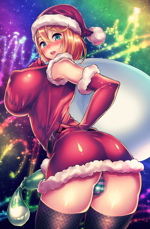 1futa, ass, big breasts, blush, breasts, censored, cleavage, condom, condom balloon, condom filling, condom on penis, cum, cum in condom, dickgirl, futa only, futanari, green eyes, intersex, large breasts, looking at viewer, looking back, mosaic censoring, panties, penis, solo, thighhighs, urakata (artist)