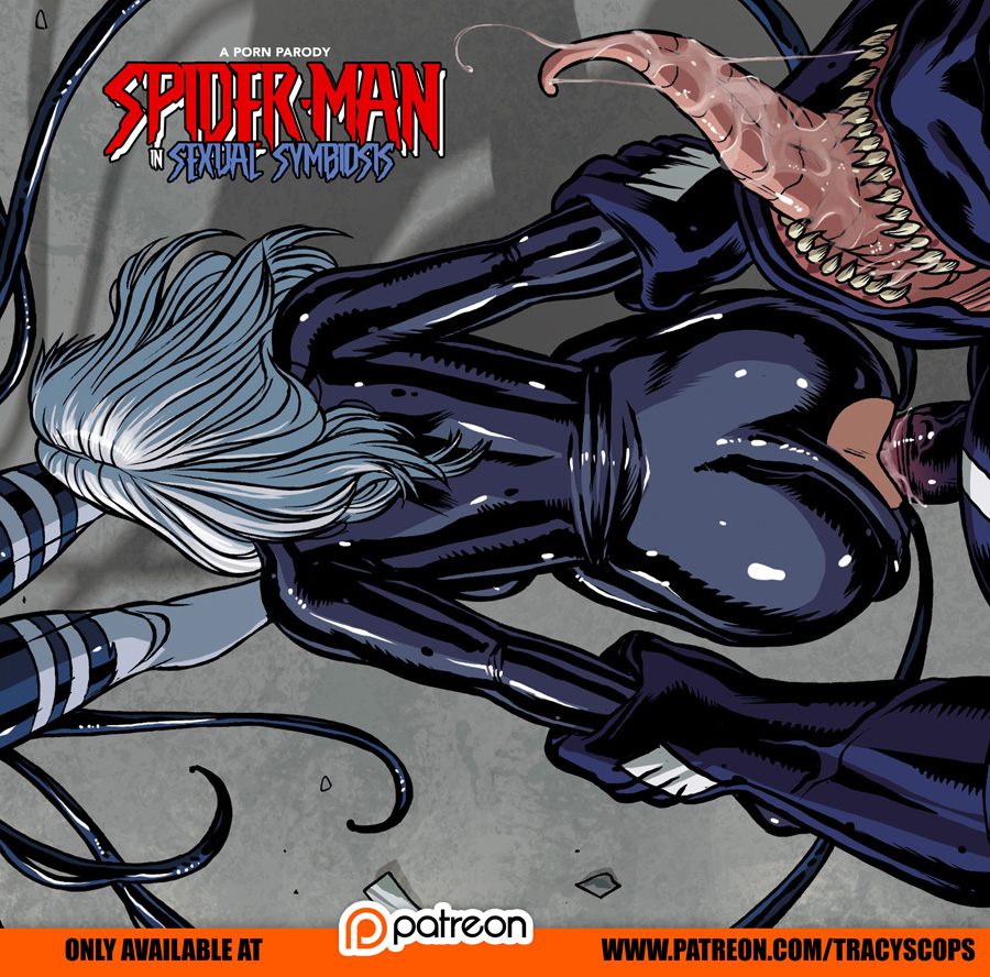 1boy, ambiguous penetration, arm grab, arms behind back, ass, black cat (marvel), clothed sex, clothing, cover page, felicia hardy, female, from behind, long hair, male, marvel, marvel comics, open mouth, penetration, penis, restrained, sex, smooth skin, spider-man (series), spread legs, straight, symbiote, torn clothes, tracyscops, unseen female face, unseen male face, venom (marvel), white hair, wide hips
