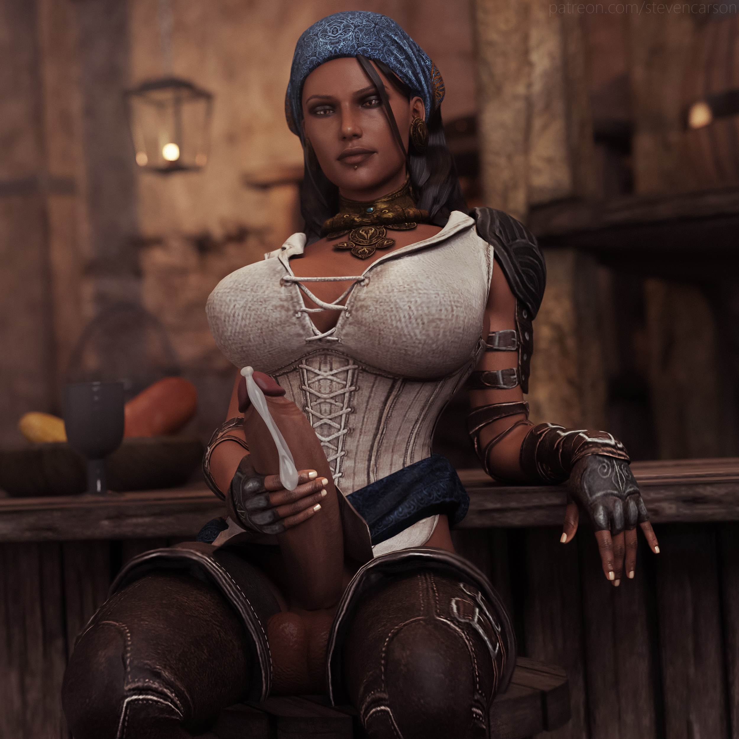 1futa, 3d, amber eyes, balls, balls under clothes, bimbo, bioware, black hair, boots, bottomless skirt, breasts, casual, cleavage, corset, cum, cum drip, cumshot, curvy, dark penis, dark skin, dark-skinned futa, dragon age, dragon age 2, ejaculation, erection, erection under clothes, erection under loincloth, erection under skirt, futa only, futanari, huge breasts, human, intersex, isabela (dragon age), large penis, loincloth, loincloth lift, masturbation, no panties, penile masturbation, penis, penis out, penis under clothes, penis under loincloth, penis under skirt, public, realistic, semen, sitting, skirt, skirt lift, solo, stevencarson, tavern, wide hips